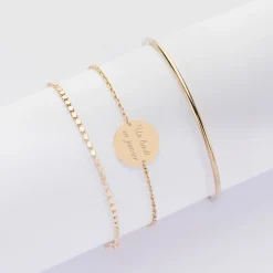 Trio bracelets personnalisés Jonc, Pastille et Chaine médaille gravée plaqué or 15 mm
