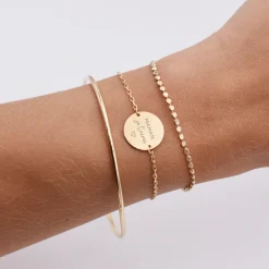 Trio bracelets personnalisés Jonc, Pastille et Chaine médaille gravée plaqué or 15 mm